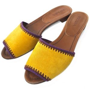 Prada Gold and Tan Leather Slip on Slide Sandal